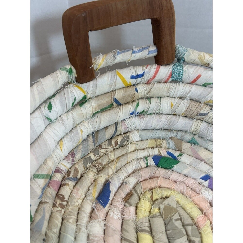 Vintage Handmade Rag Fabric Blue Basket With Handle Farmhouse Decor Cottage - Picture 9 of 16